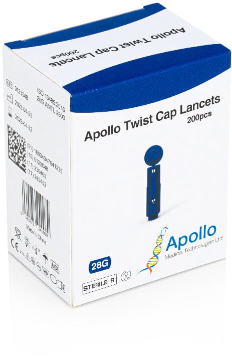 APOLLO single use twist cap lancets 0.36mm/28G 200