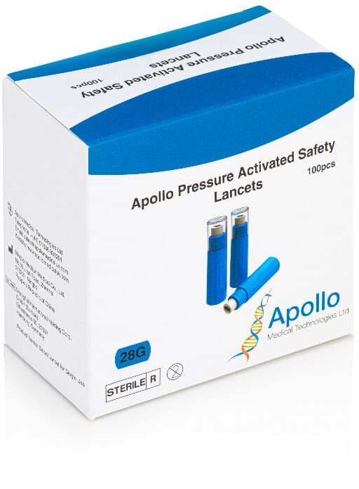 APOLLO single use pressure activated safety lancets 1.8mm/28G 100