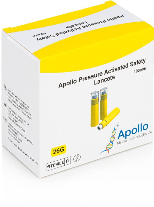 APOLLO single use pressure activated safety lancets 1.8mm/26G 100