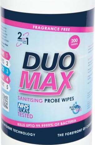 DUOMAX alcohol free cleaning & sanitising probe wipes  200
