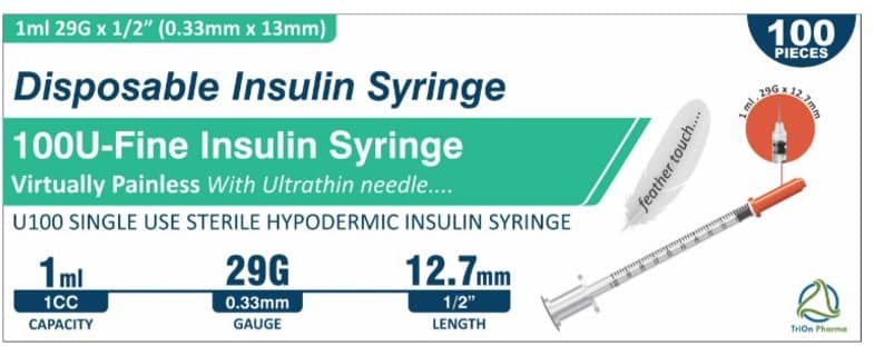 100U-FINE sterile single use insulin syringe 1ml/13mm/29G 100