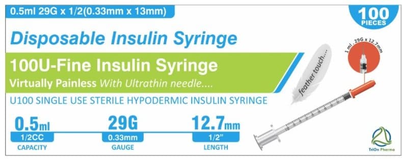 100U-FINE single use sterile insulin syringe 0.5ml/13mm/29G 100