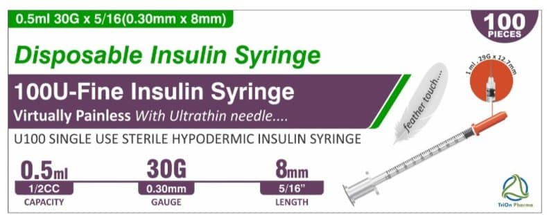 100U-FINE single use sterile insulin syringe 0.5ml/8mm/30G 100