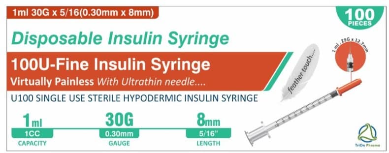 100U-FINE single use sterile insulin syringe 1ml/8mm/30G 100