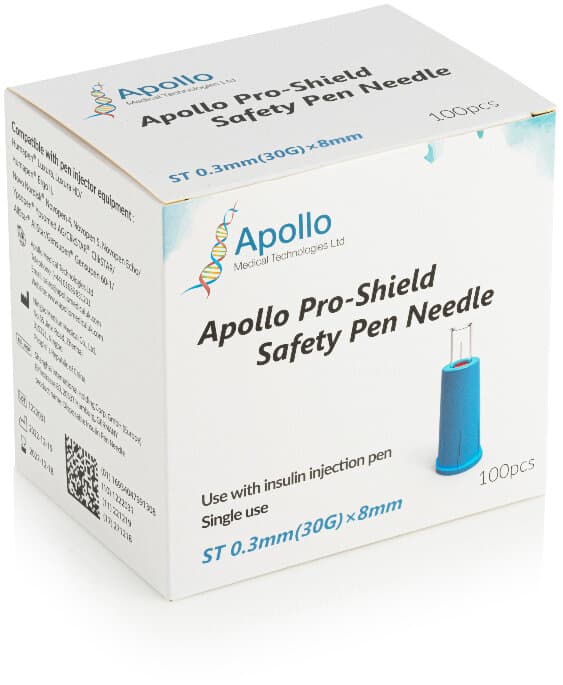 APOLLO pro shield safety insulin pen needles 8mm/30G 100