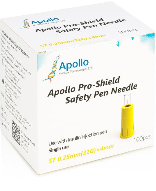 APOLLO pro shield safety insulin pen needles 4mm/31G 100