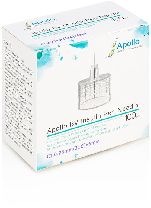 APOLLO BV insulin pen needles, universal fit 5mm/31G 100
