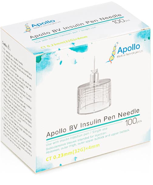 APOLLO BV insulin pen needles, universal fit 4mm/32G 100