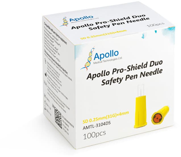 APOLLO pro shield duo dual safety pen needles 0.25mm/31G/4mm 100