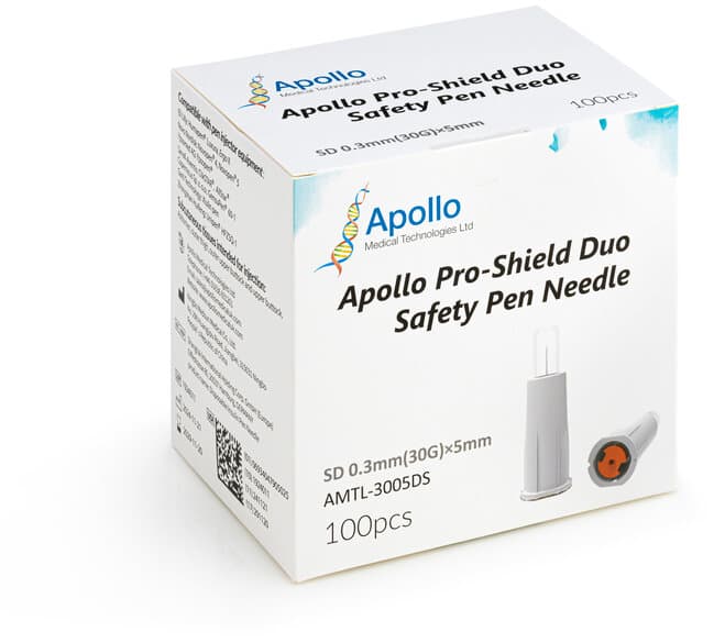 APOLLO pro shield duo dual safety pen needles 0.3mm/30G/5mm 100
