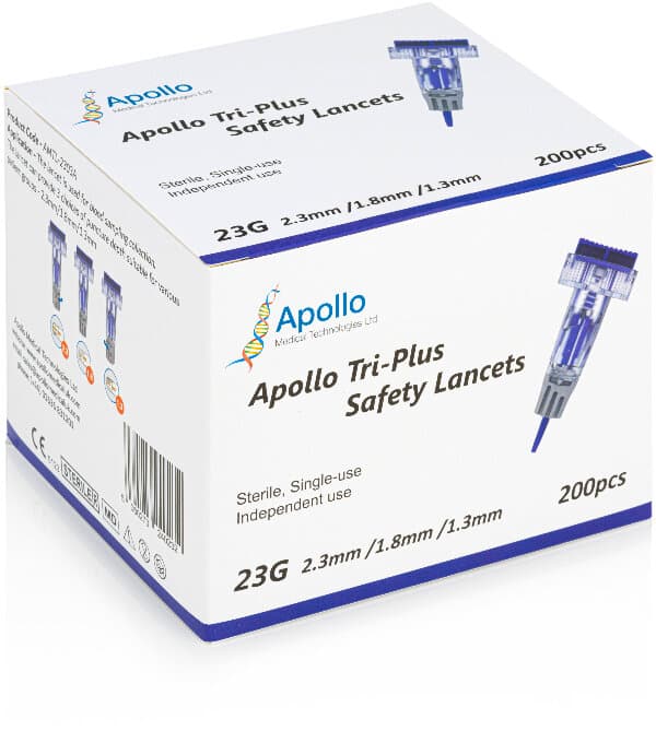 APOLLO tri-plus adjustable depth safety lancets 1.3mm/1.8mm/2.3mm/23G 200
