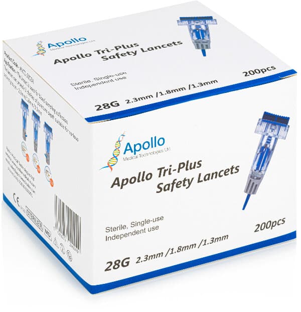APOLLO tri-plus adjustable depth safety lancets 1.3mm/1.8mm/2.3mm/28G 200